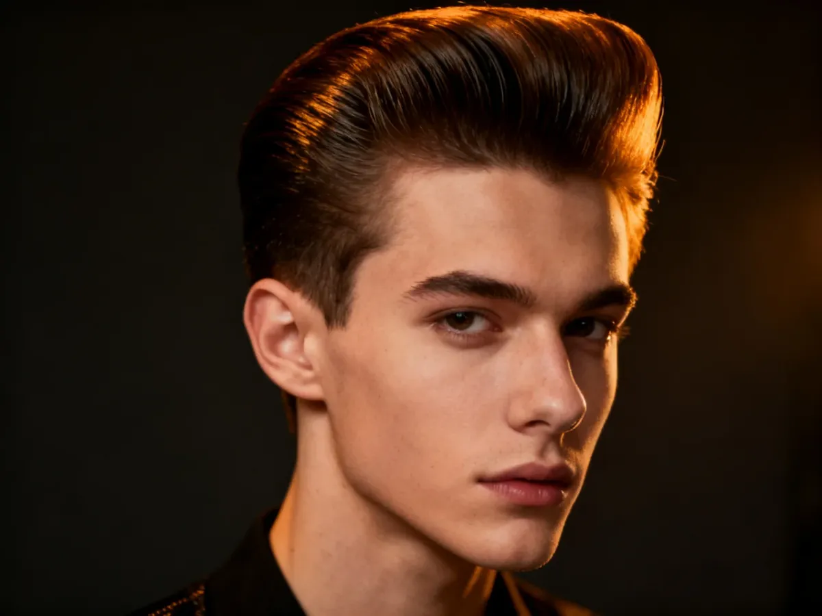 Mężczyzna z wysoką, gładko zaczesaną grzywką w stylu pompadour