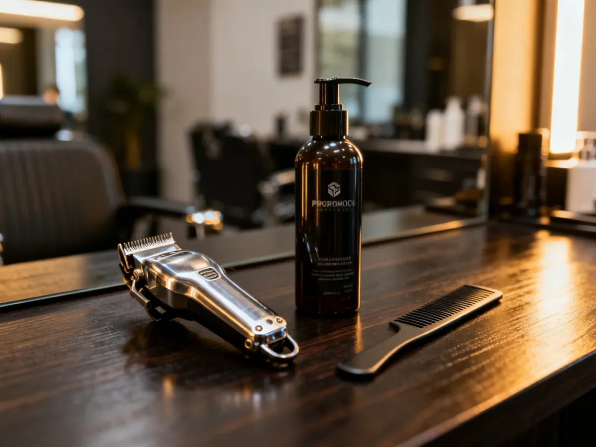 Profesjonalne akcesoria fryzjerskie na stanowisku barberskim, gotowe do stylizacji męskiej fryzury.