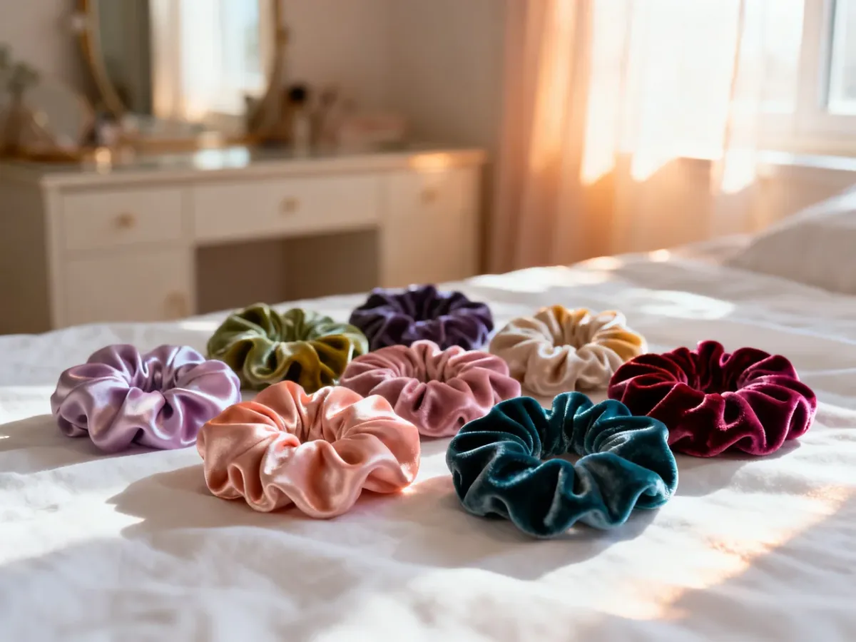 Różnorodne kolorowe gumki typu scrunchie z jedwabiu i weluru ułożone na białym materiale w słonecznym świetle.