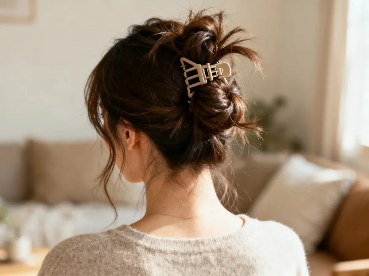 Luźny messy bun podpięty klamrą do włosów