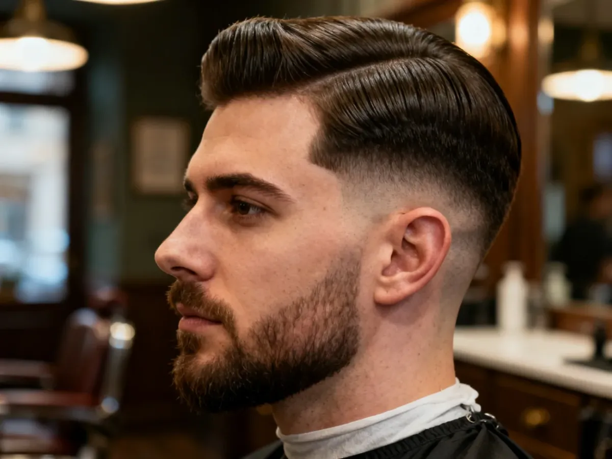 Elegancki taper fade z pełniejszymi bokami i klasycznie zaczesaną górą