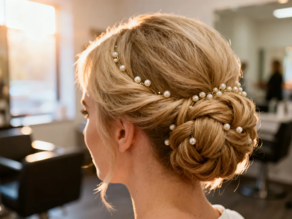 Eleganckie upięcie krótkich blond włosów ozdobione delikatnymi perłami w profesjonalnym salonie fryzjerskim.