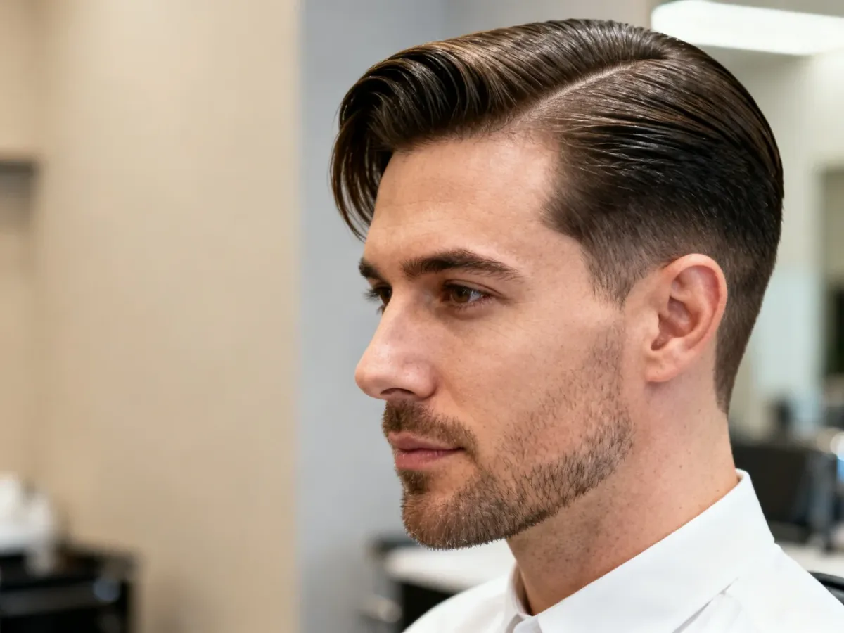 Mężczyzna z klasyczną fryzurą Side Part i przedziałkiem