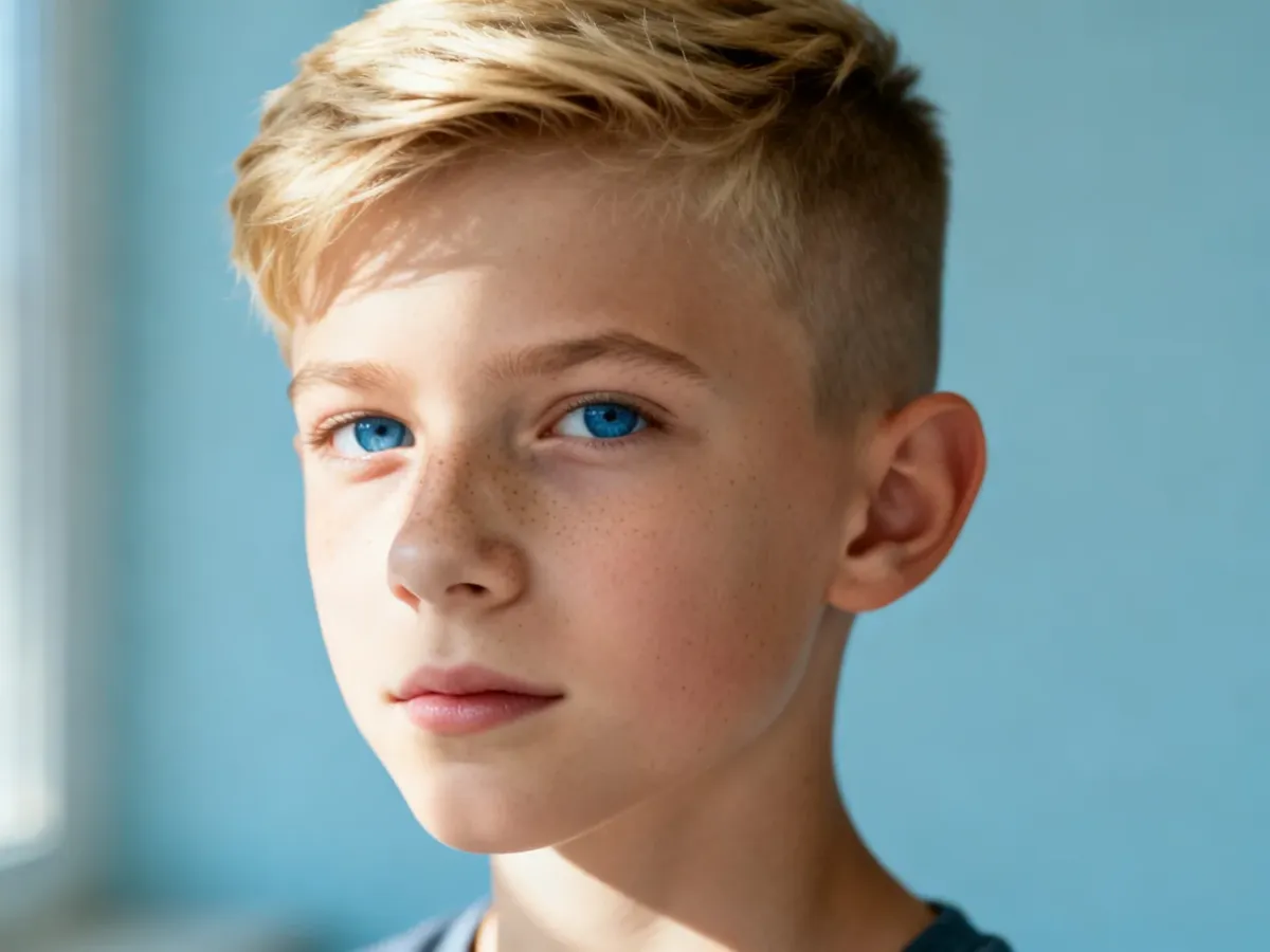 Chłopiec z krótkimi, modnie wystylizowanymi blond włosami w nowoczesnej fryzurze typu textured crop.