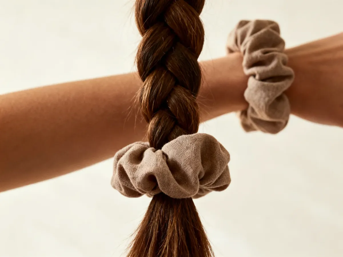 Warkocz zakończony materiałową gumką scrunchie