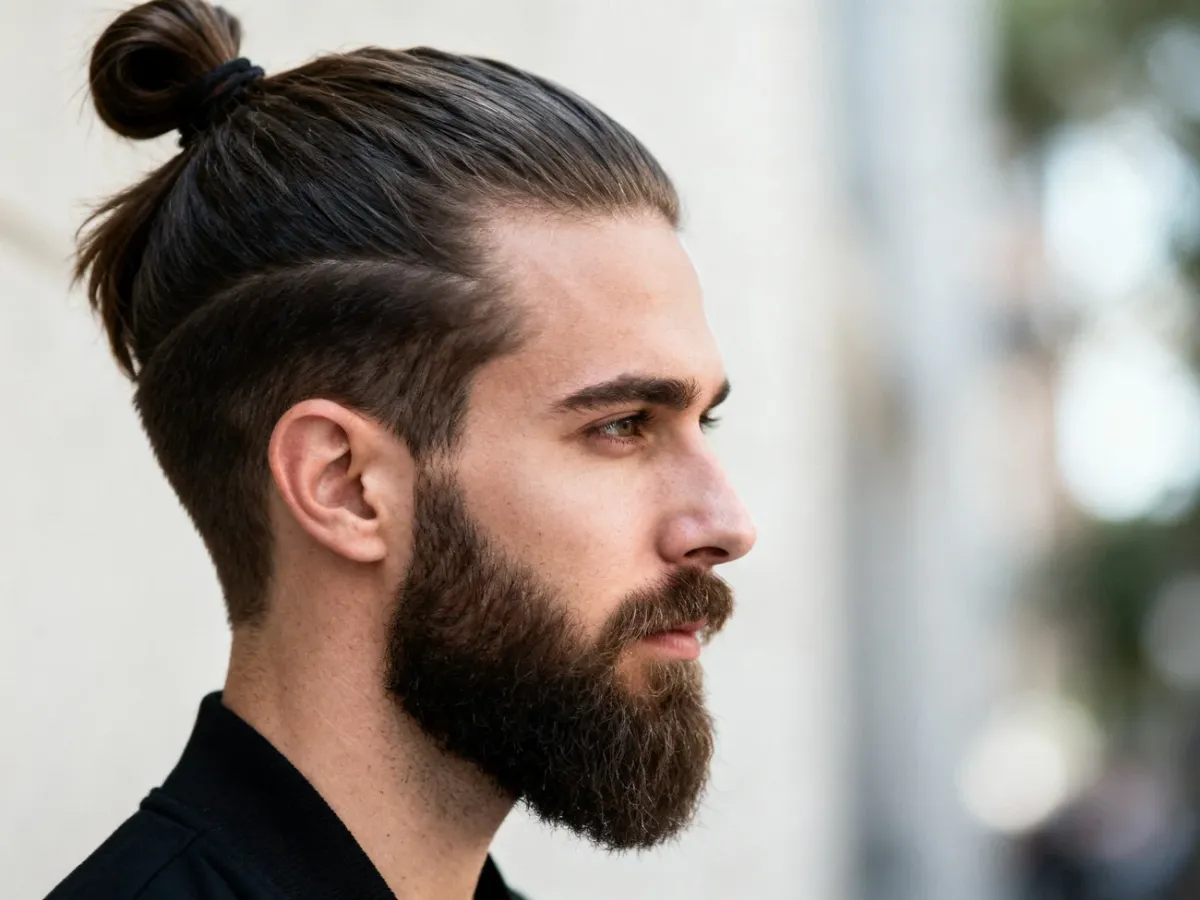 Mężczyzna z fryzurą top knot i zadbanym zarostem