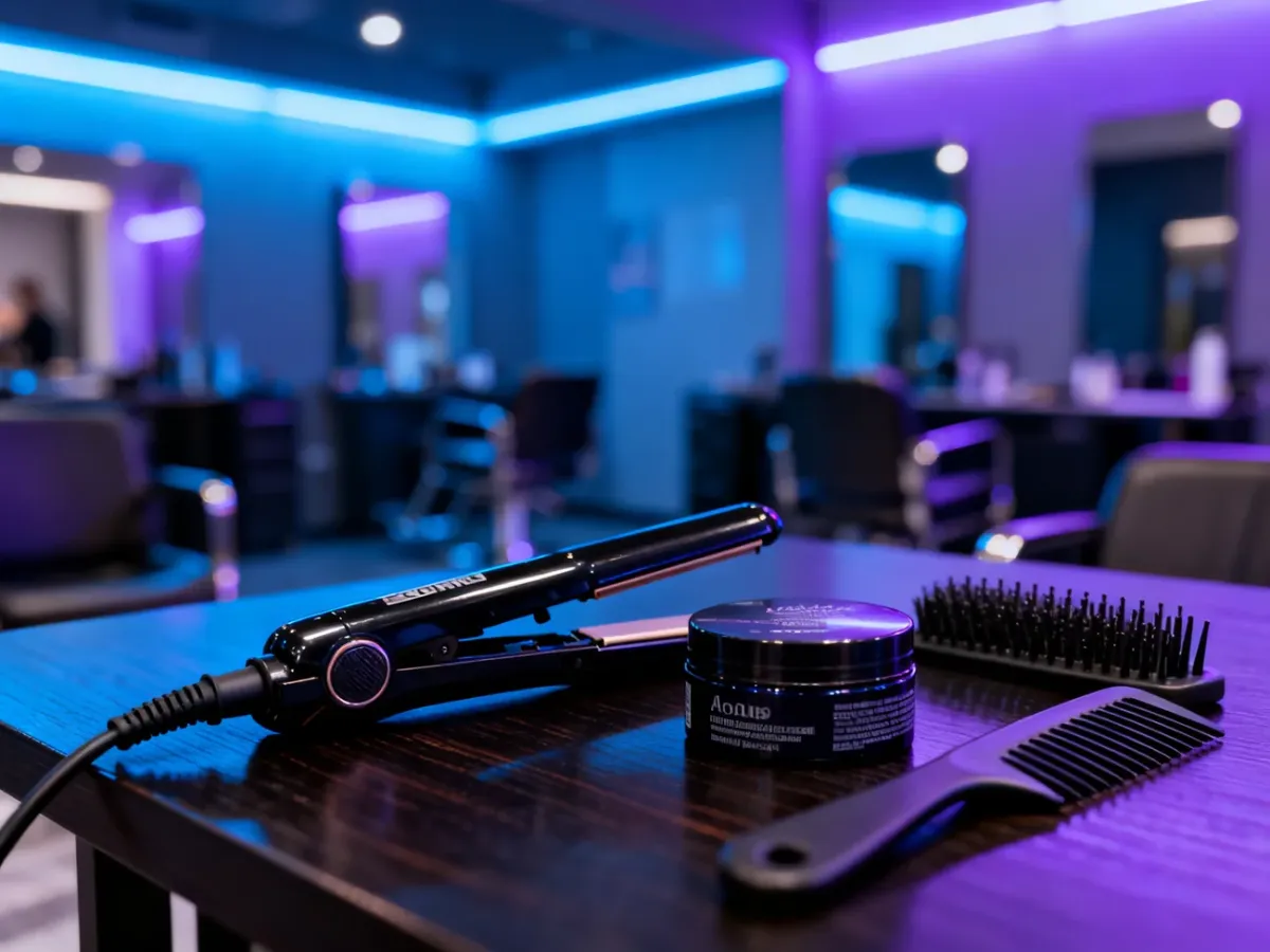 Profesjonalne narzędzia i kosmetyki do stylizacji włosów przygotowane do stworzenia fryzury emo w nowoczesnym salonie.