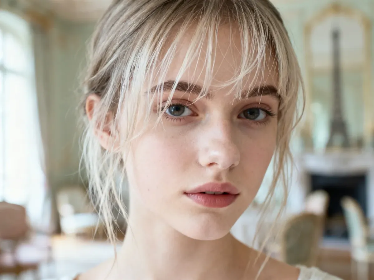 Kobieta z lekką, prześwitującą grzywką wispy bangs