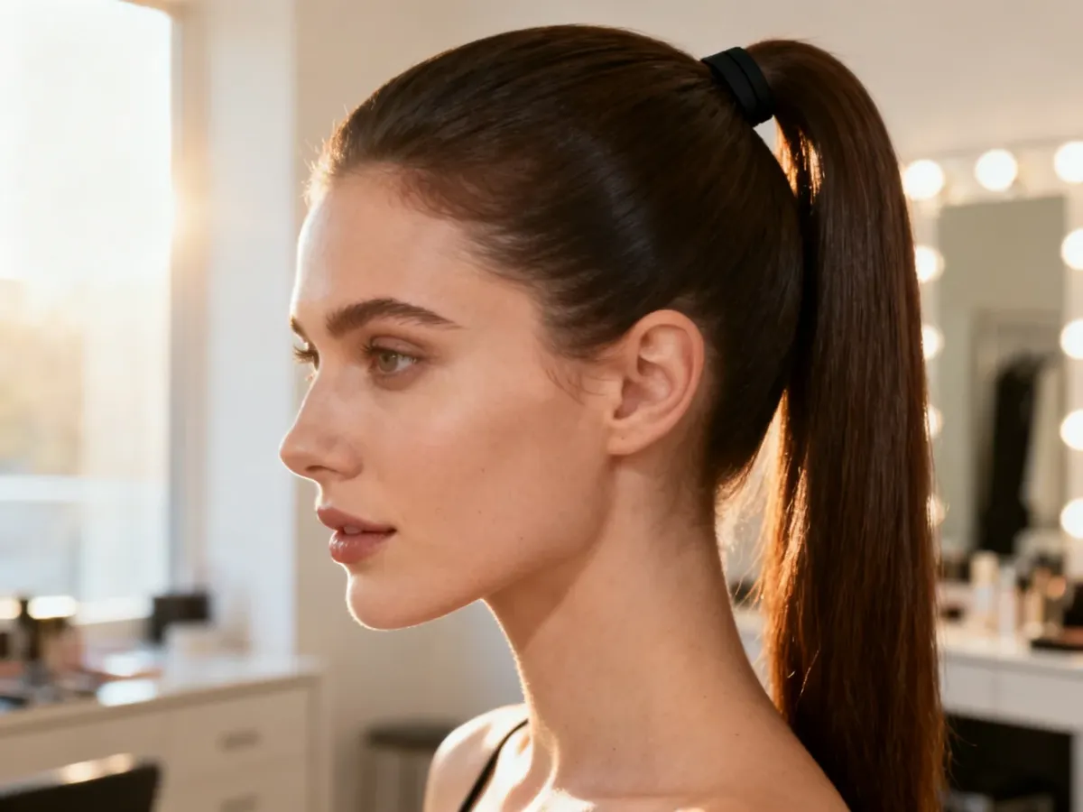 Idealnie wygładzony, lśniący wysoki kucyk ułożony w nowoczesnym wnętrzu, prezentujący perfekcyjną fryzurę typu sleek ponytail.
