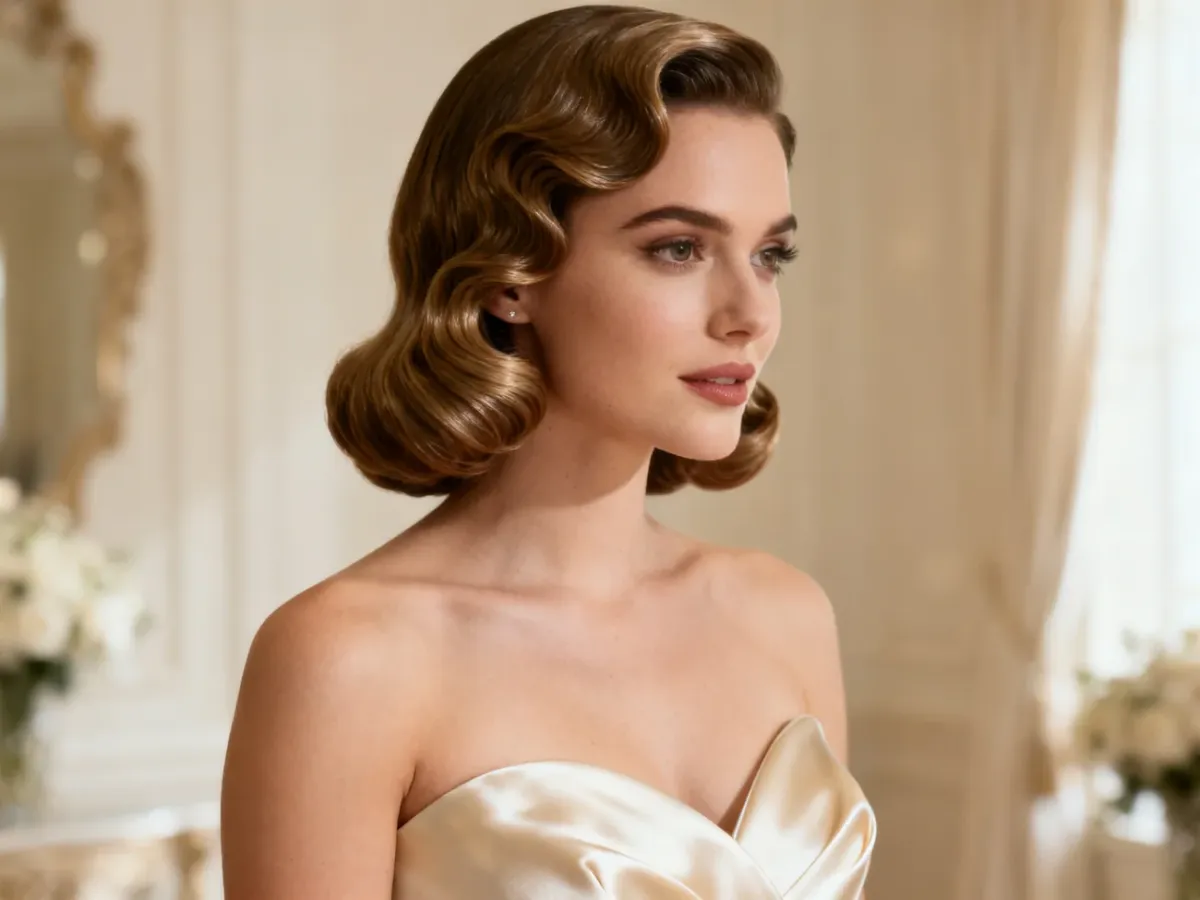 Panna młoda z eleganckimi hollywoodzkimi falami i bocznym przedziałkiem