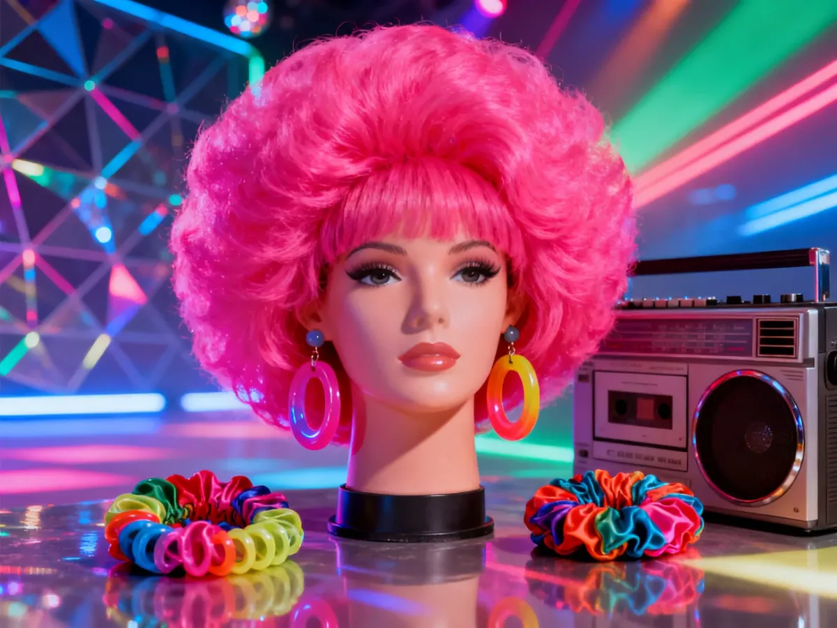 Neonowa różowa peruka z lat 80. na manekinie, otoczona kasetami i kolorowymi dodatkami w stylu disco.