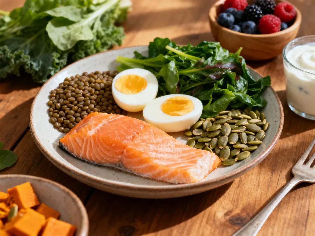 Balanced nutritious meal with foods supporting healthy hair