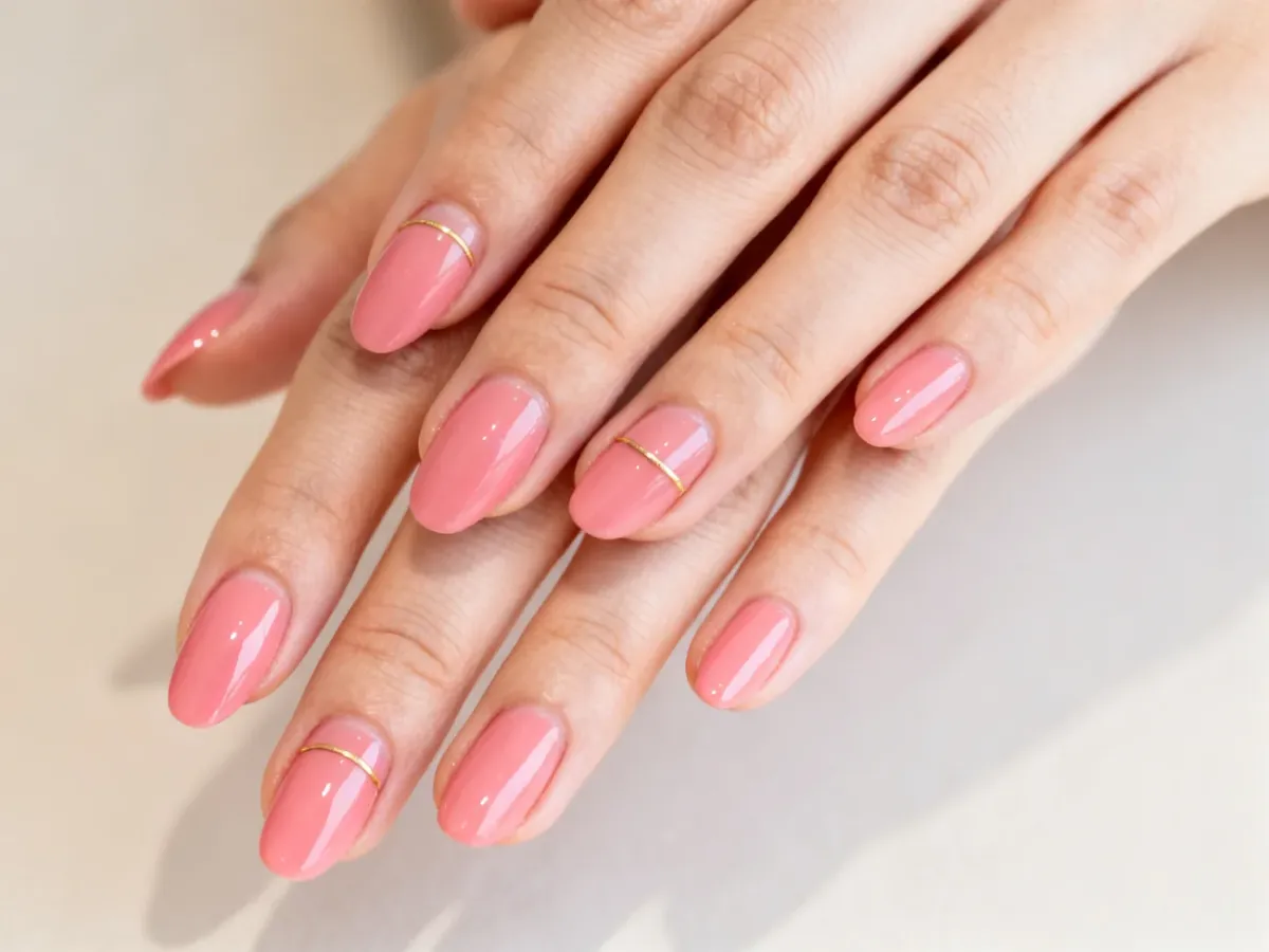 Manicure w łososiowym różu z delikatnym złotym akcentem
