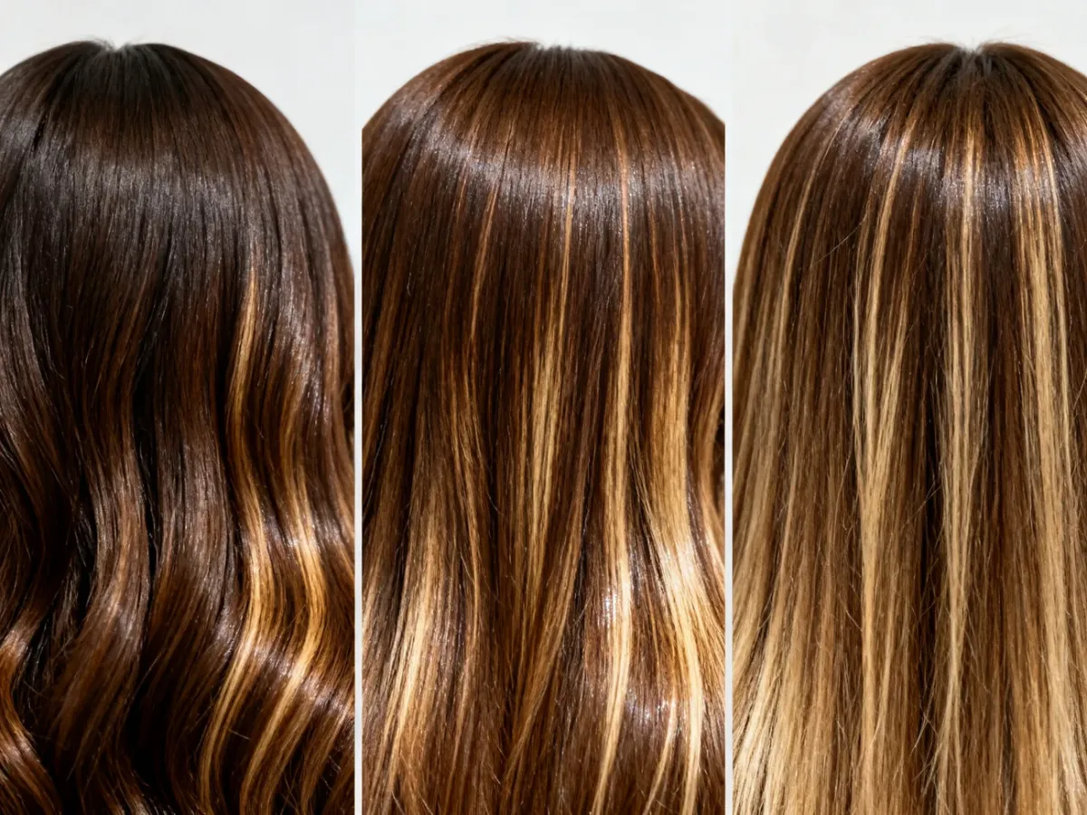Porównanie technik sombre, balayage i babylights na brązowych włosach