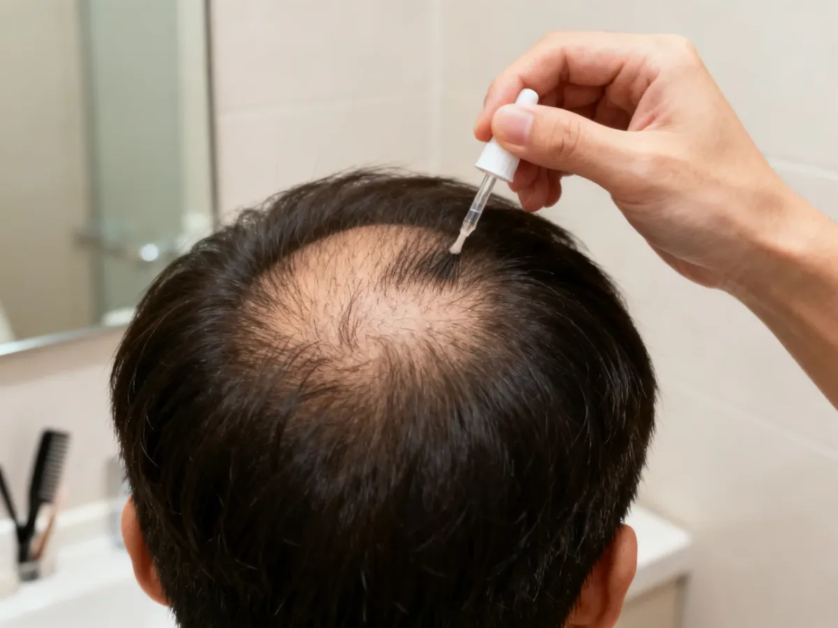 A person applying hair fibers to conceal thinning hair
