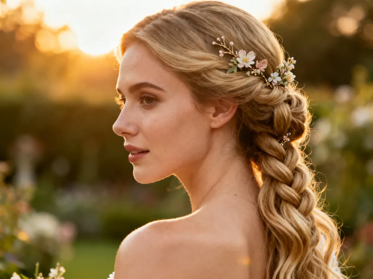 Elegancka fryzura ślubna z długich, blond włosów zaczesanych na bok w ozdobny warkocz z kwiatowymi akcentami.
