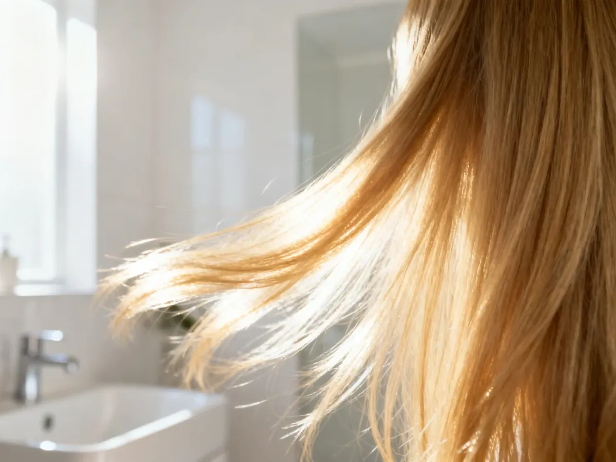 Zdrowe, lśniące pasma blond włosów w promieniach porannego słońca, podkreślające ich gładką strukturę i zadbany wygląd.