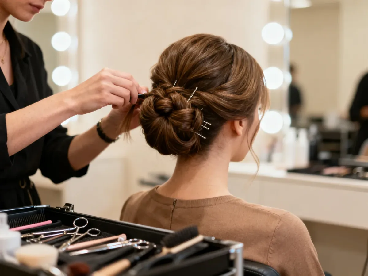Precyzyjne wykonywanie eleganckiego upięcia egzaminacyjnego w salonie fryzjerskim