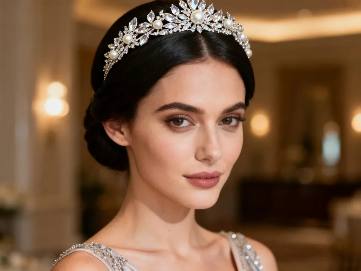 Kobieta w eleganckiej biżuteryjnej opasce na wieczorne wyjście