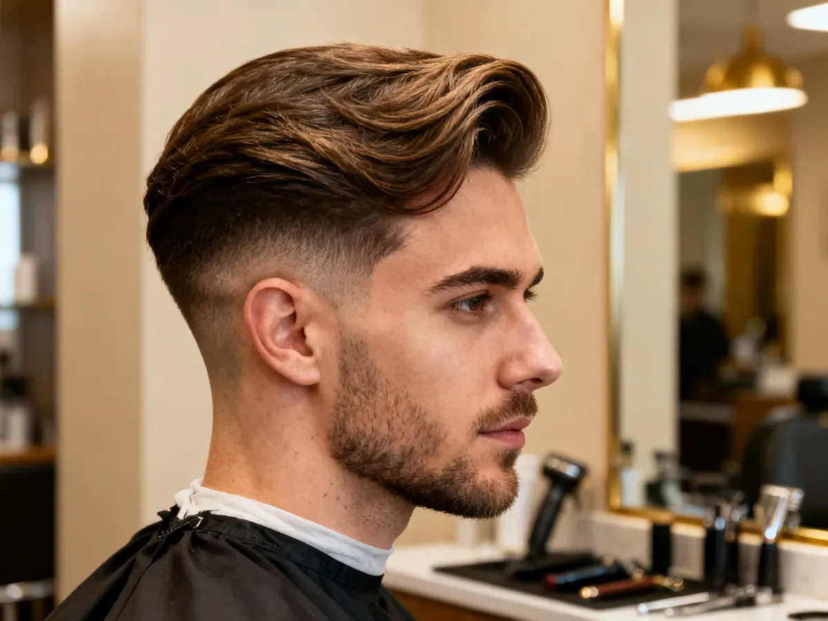 Mężczyzna z fryzurą Side Swept, zaczesaną na bok z objętością