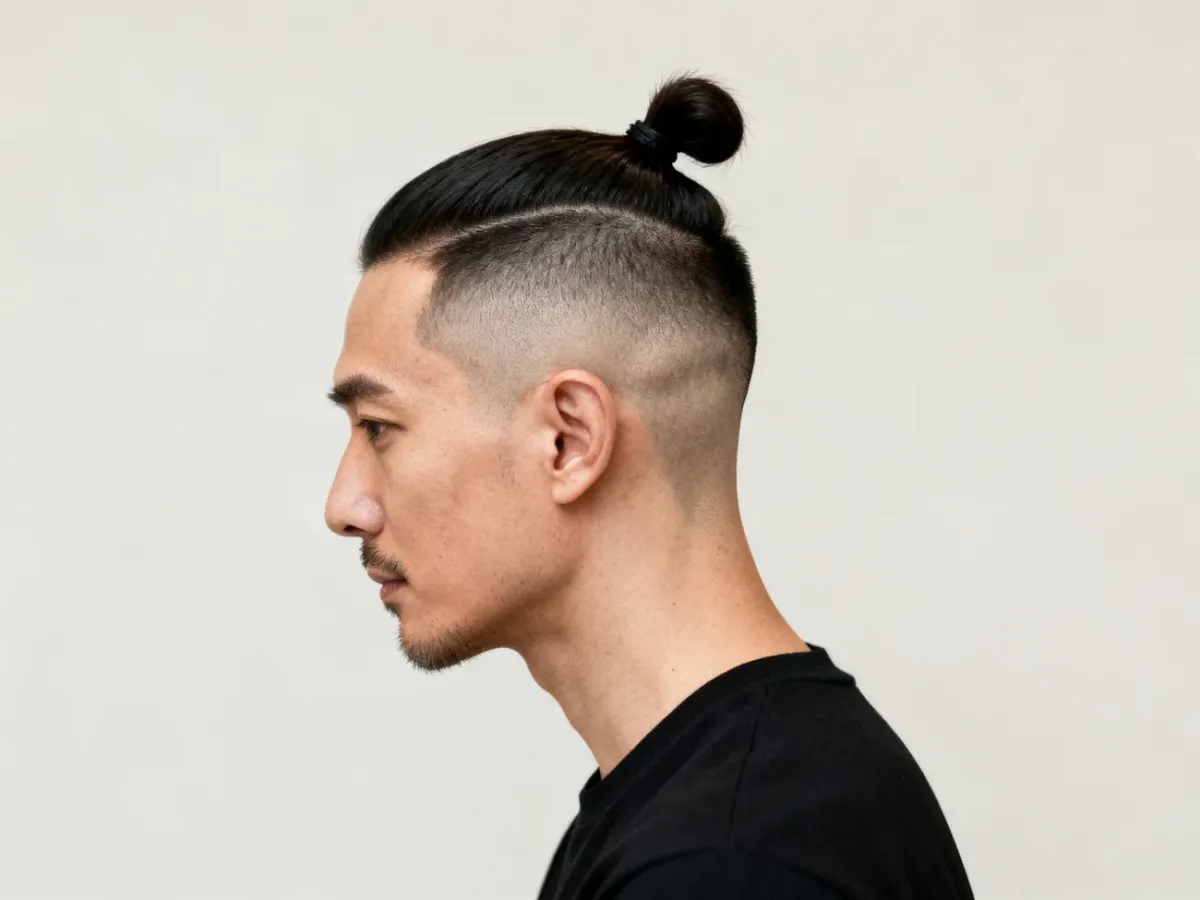 Mężczyzna z fryzurą top knot i wygolonymi bokami głowy