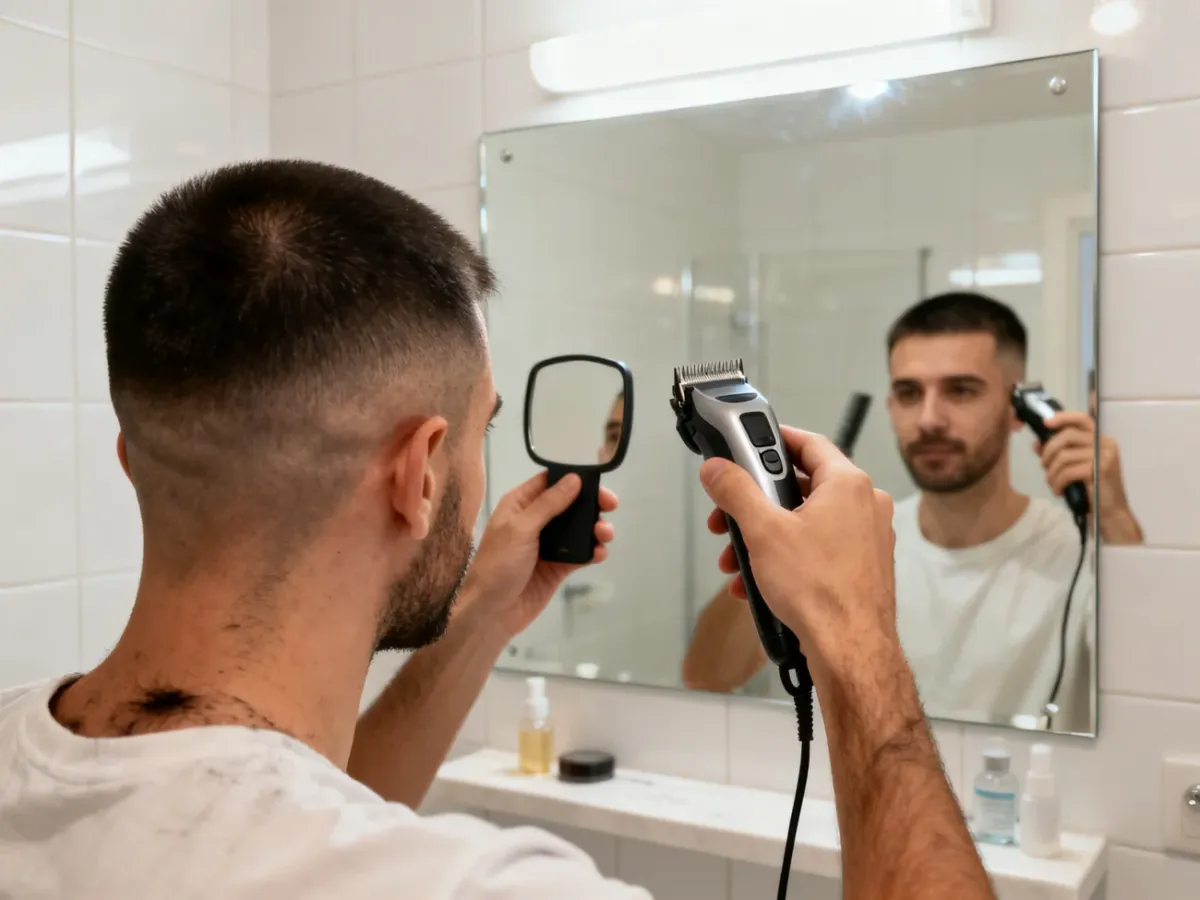 Mężczyzna samodzielnie wykonujący buzz cut maszynką przed lustrem