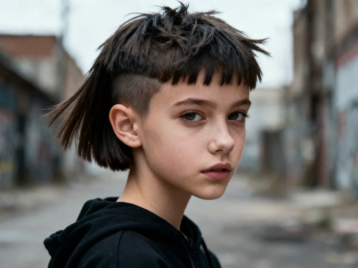 Nastolatka z postrzępioną fryzurą mullet