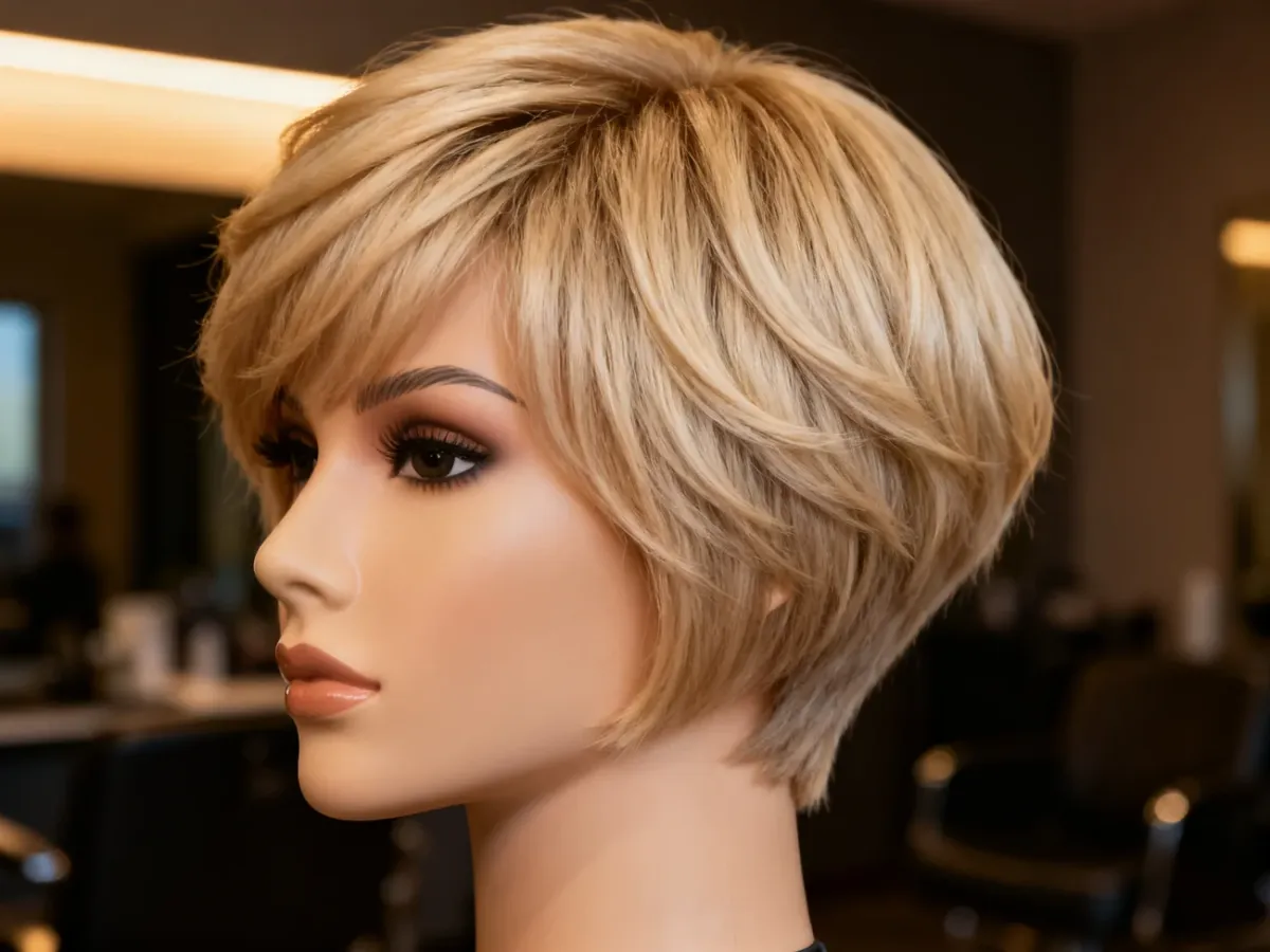 Jasny blond w modnym cięciu pixie bob na manekinie, prezentujący precyzyjne warstwy i objętość fryzury.