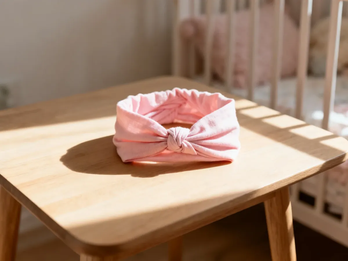 Pastelowy bawełniany turban z ozdobnym węzłem dla dziewczynki, wyeksponowany na drewnianym stole w przytulnym wnętrzu.