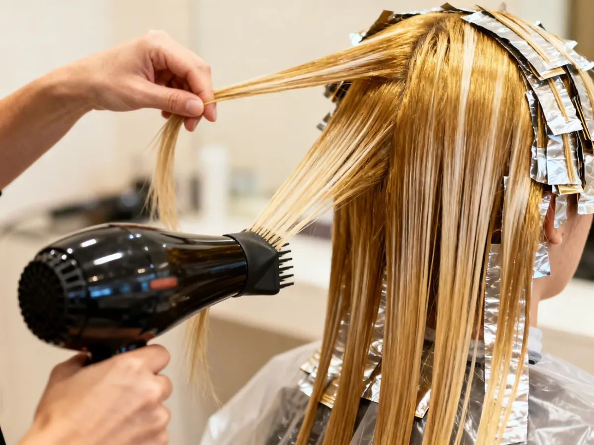 Stylist performing an Airtouch highlighting treatment with a blow dryer