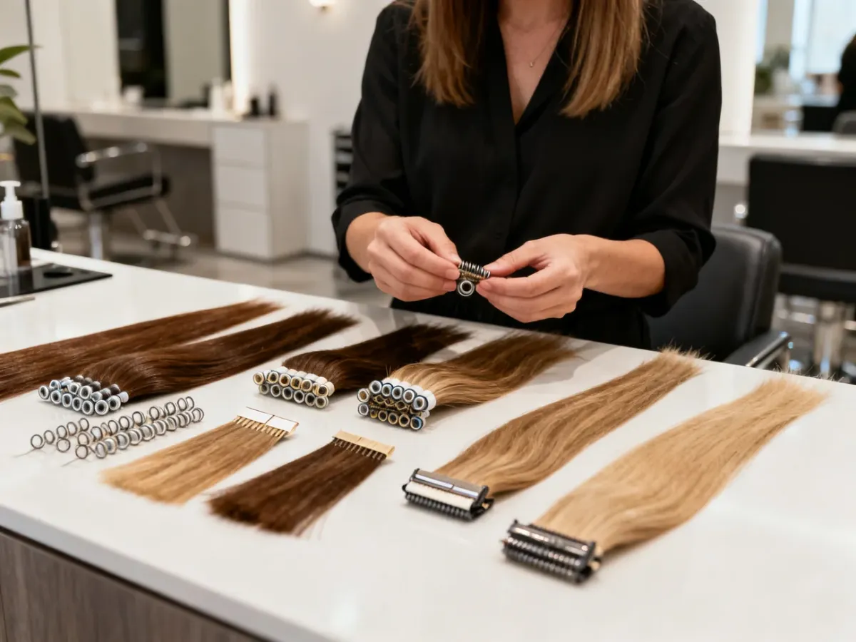 Stylista w salonie porównujący różne metody przedłużania włosów