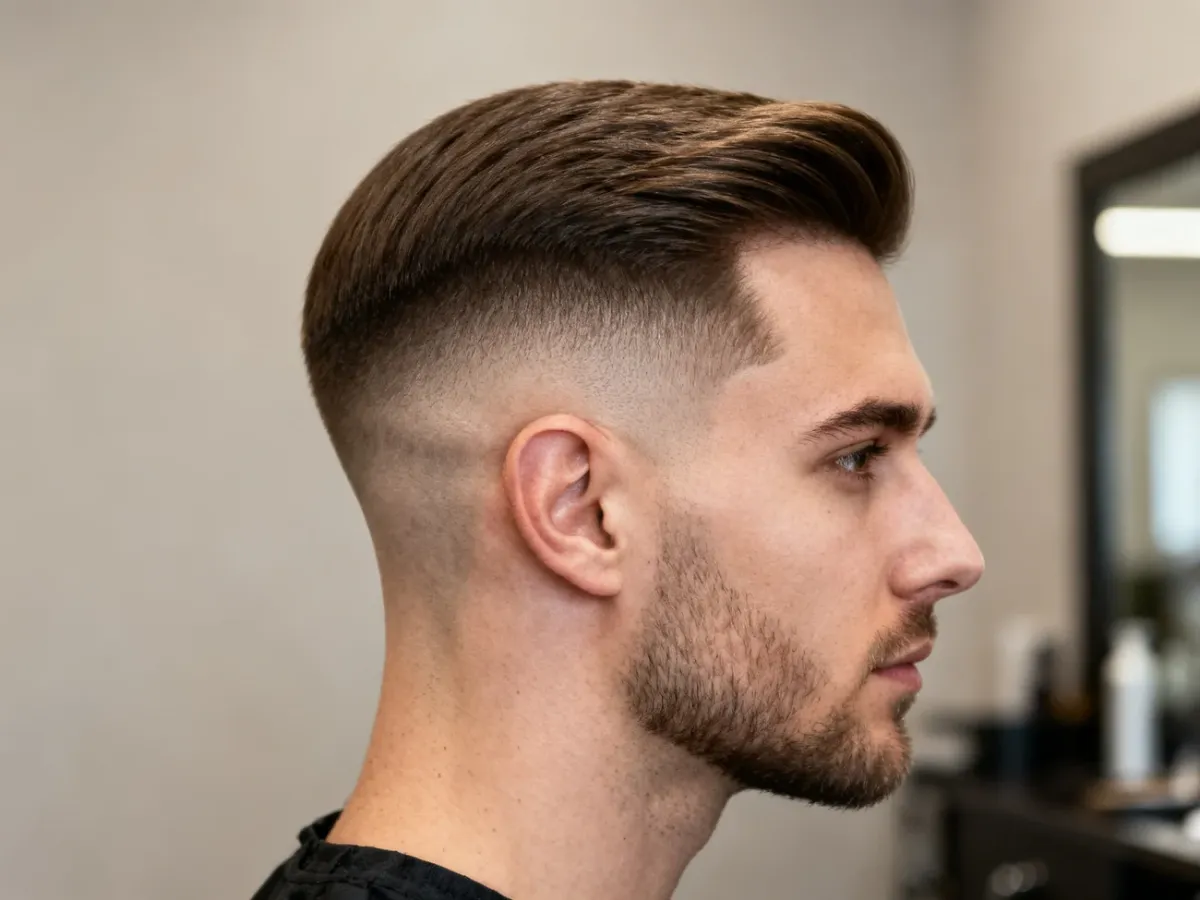 Mężczyzna z eleganckim taper fade i subtelnym cieniowaniem przy skroni