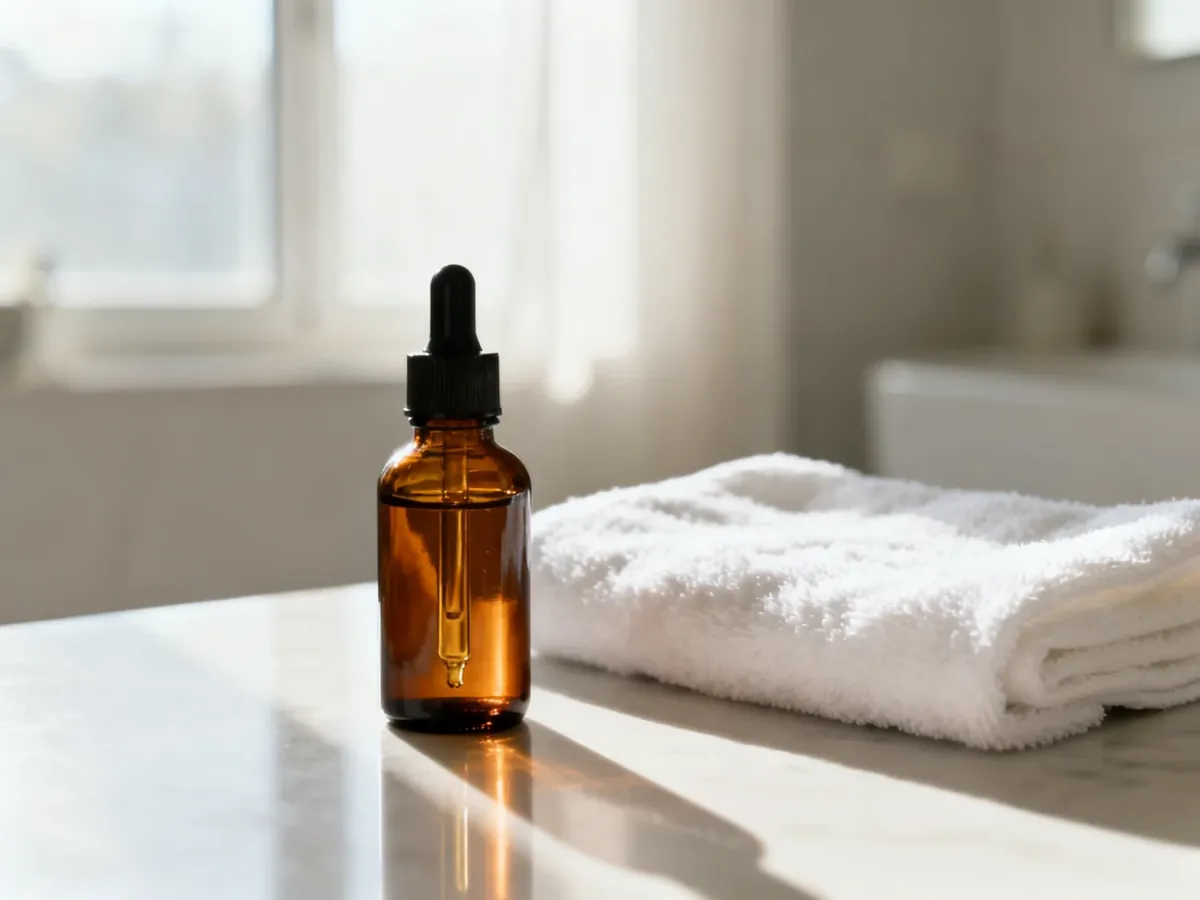 Elegancka buteleczka z serum z retinolem na białym ręczniku w jasnej, minimalistycznej łazience.
