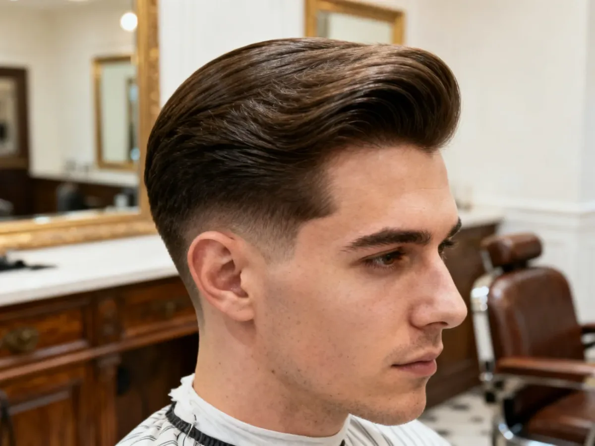 Mężczyzna z gęstą fryzurą Pompadour zaczesaną do tyłu