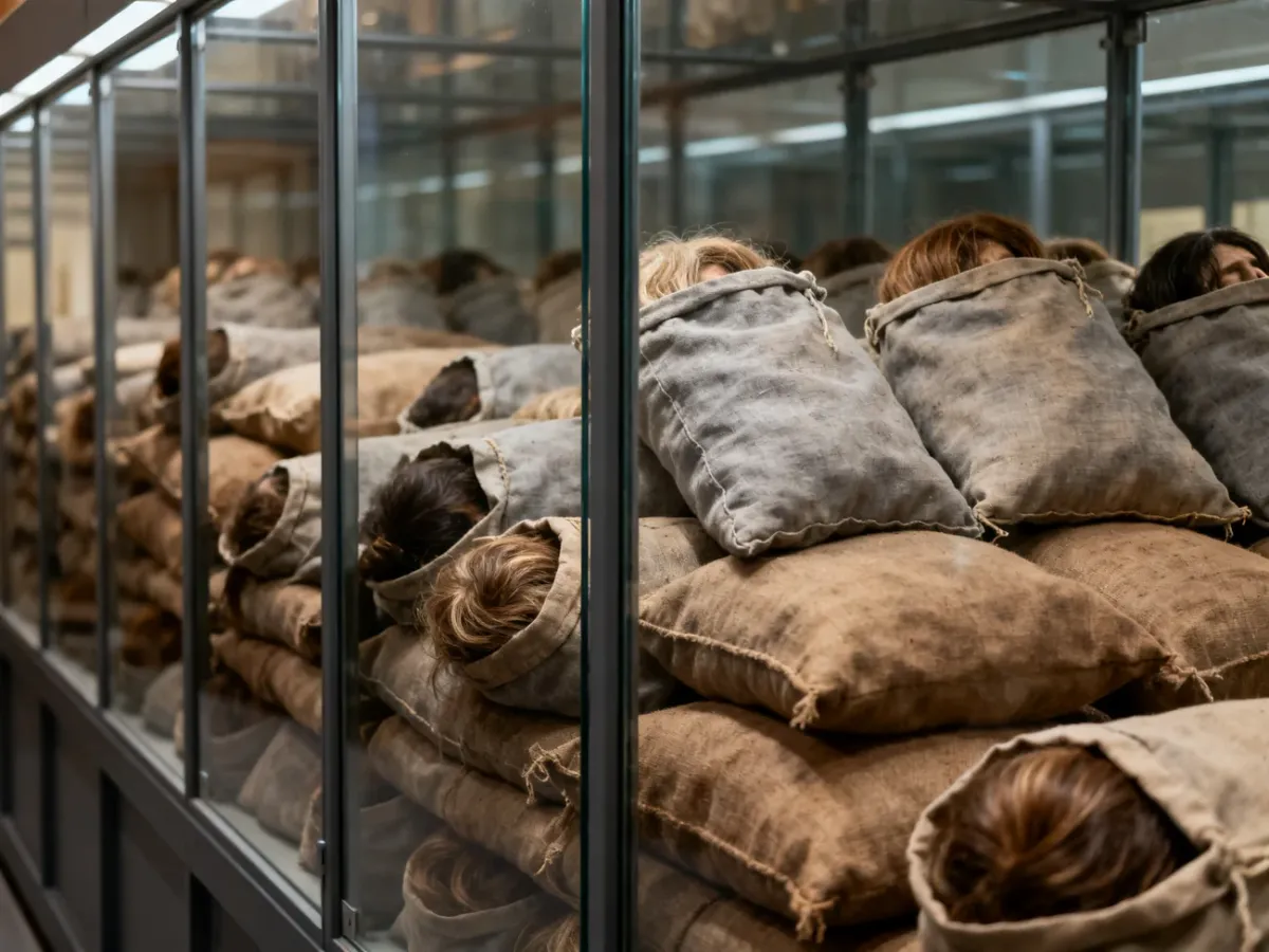 Worki z ludzkimi włosami zachowane w muzealnej przestrzeni pamięci Auschwitz