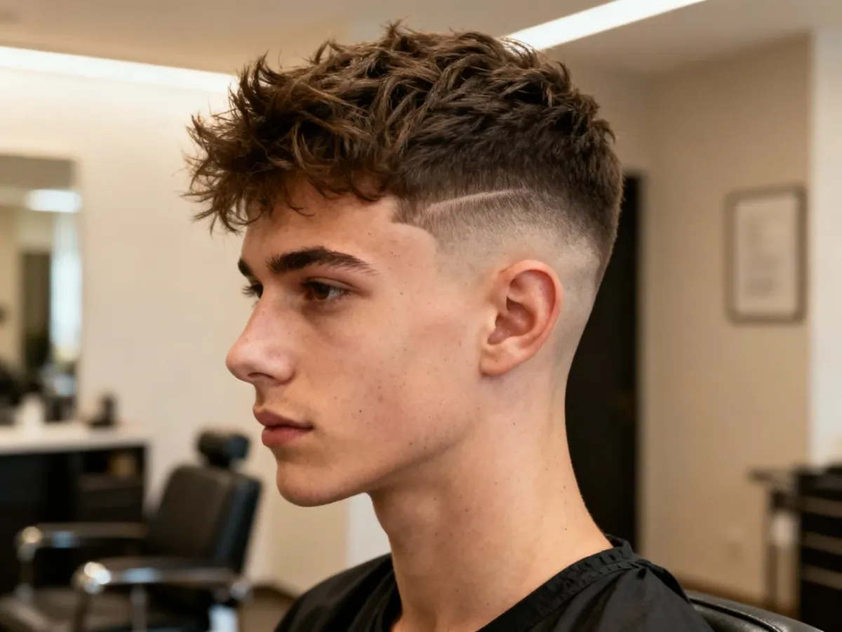 Mężczyzna z teksturowaną fryzurą i płynnym cieniowaniem boków w barbershopie