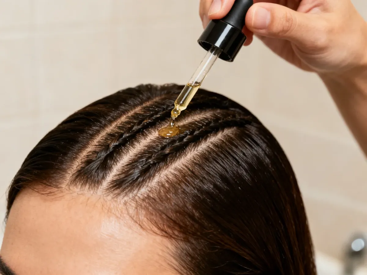 A person applying hair growth serum directly to the scalp