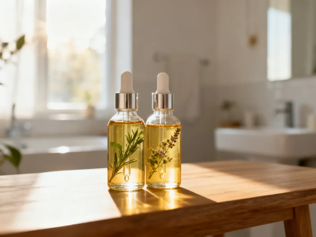 Szklane buteleczki z naturalnymi olejkami i serum do włosów na drewnianym stole w jasnej łazience.