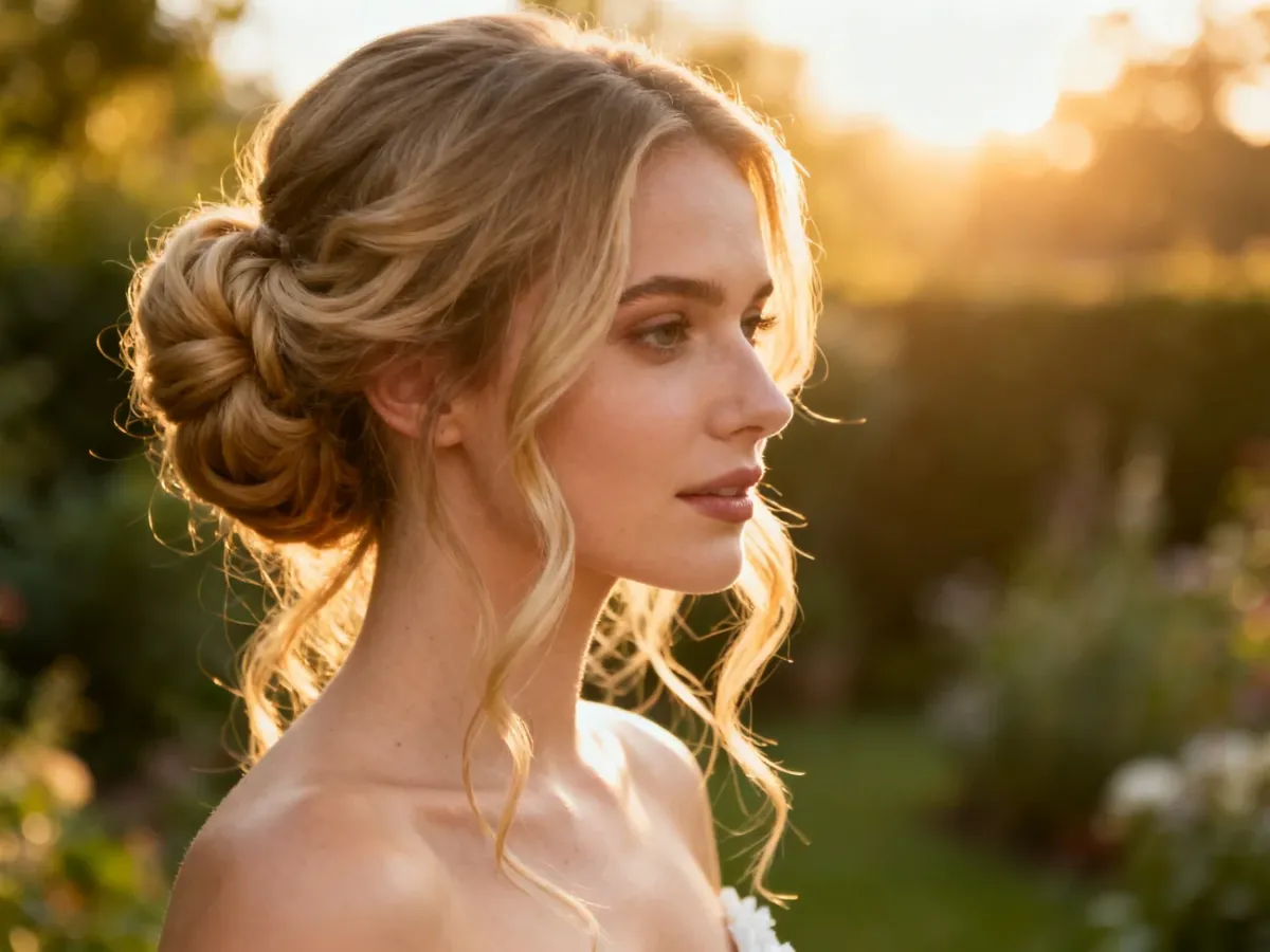 Elegancki, luźny kok ślubny z blond włosów z romantycznymi pasmami okalającymi twarz w słonecznym ogrodzie.