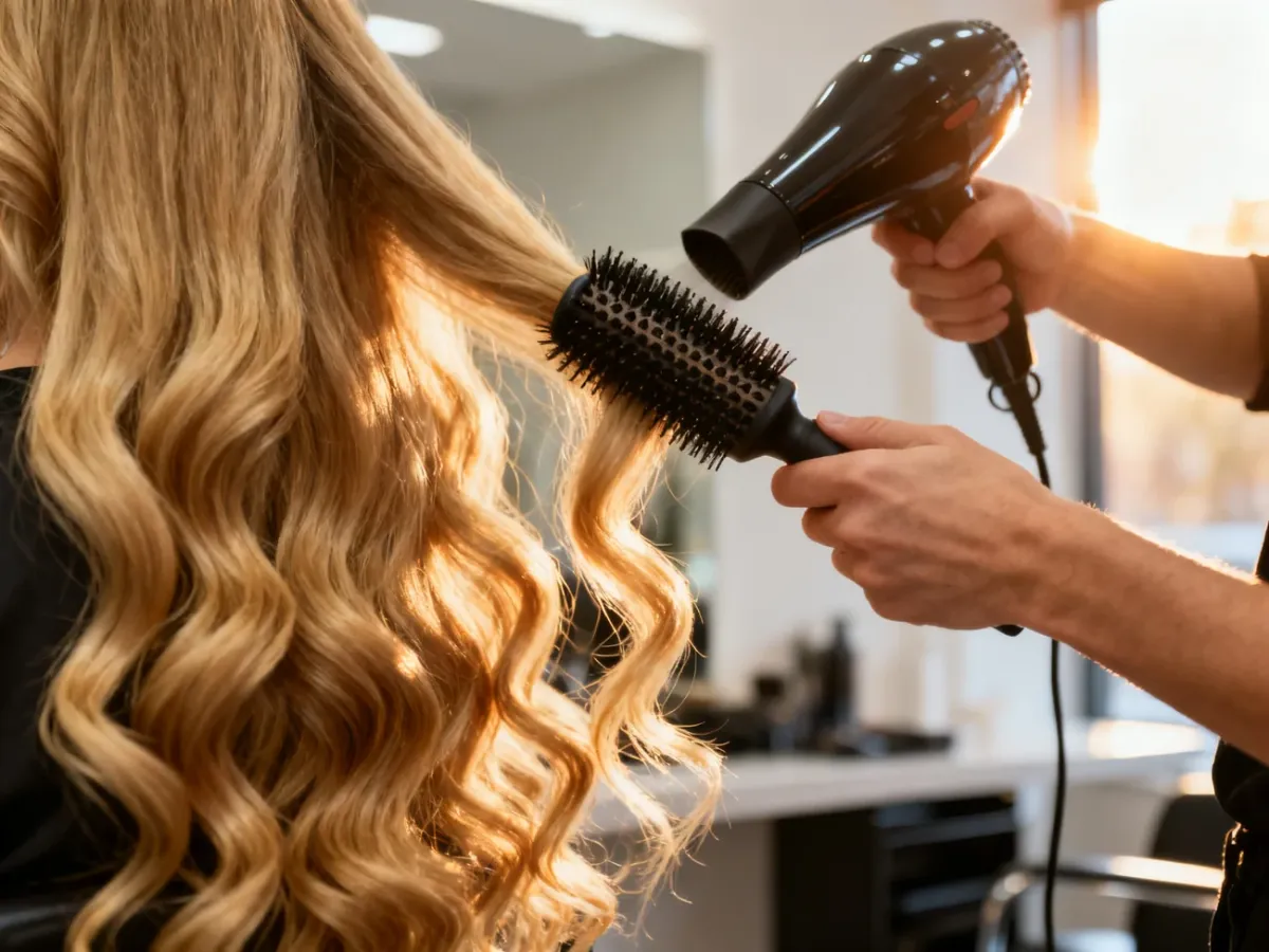 Fryzjer modeluje długie, blond włosy okrągłą szczotką, nadając im widoczną objętość i falowaną strukturę.