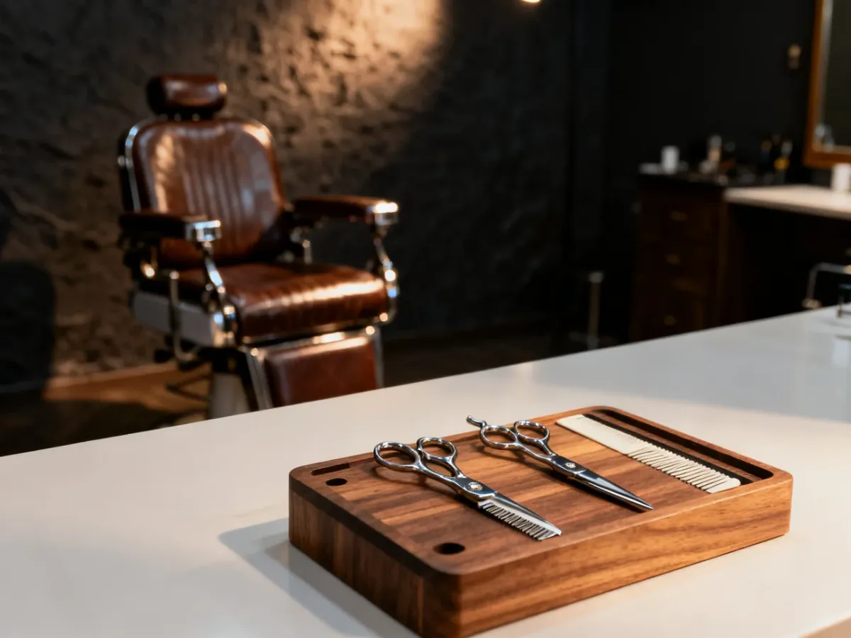 Eleganckie stanowisko barberskie z profesjonalnymi narzędziami fryzjerskimi w stylowym, nowoczesnym wnętrzu.
