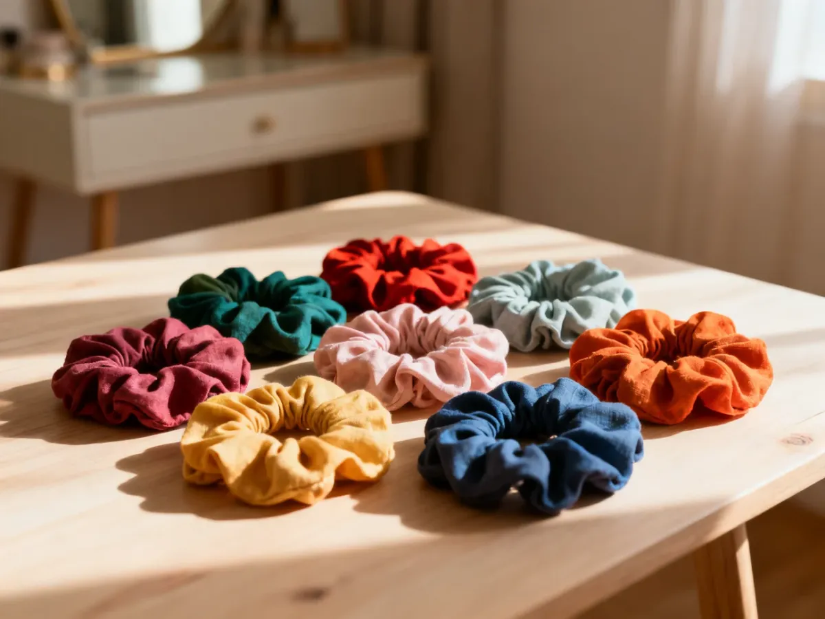 Różnorodne, kolorowe gumki do włosów typu scrunchie ułożone na drewnianym blacie w słonecznym świetle.