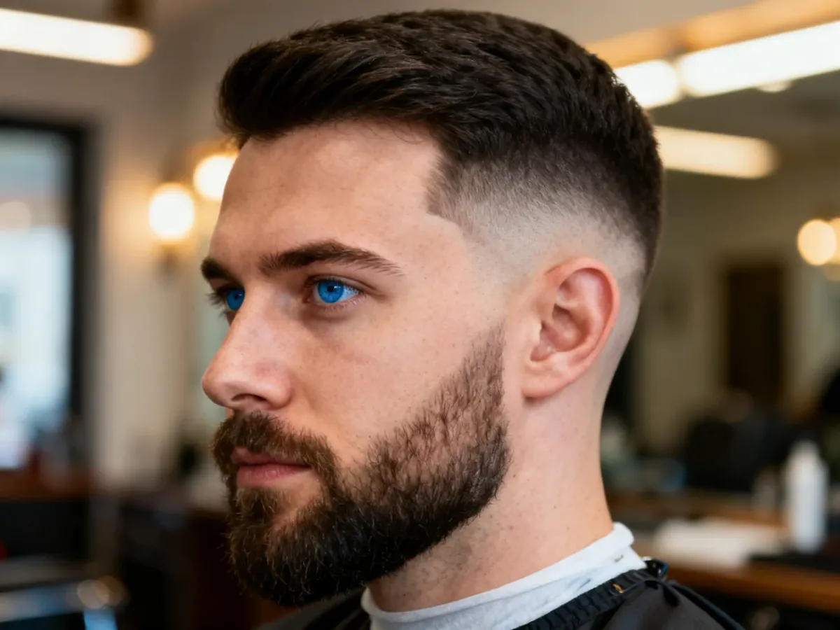 Mężczyzna z modnym cięciem typu fade i starannie przystrzyżoną brodą w profesjonalnym salonie fryzjerskim.