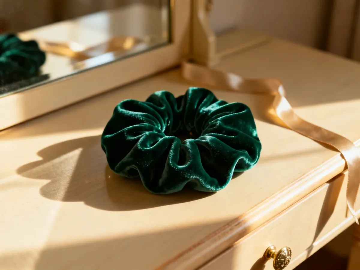 Szmaragdowa, welurowa gumka typu scrunchie leżąca na drewnianej toaletce w promieniach porannego słońca.