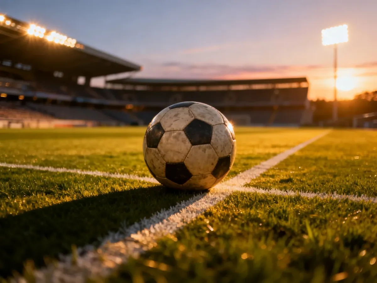 Skórzana piłka nożna na murawie profesjonalnego stadionu w świetle zachodzącego słońca.