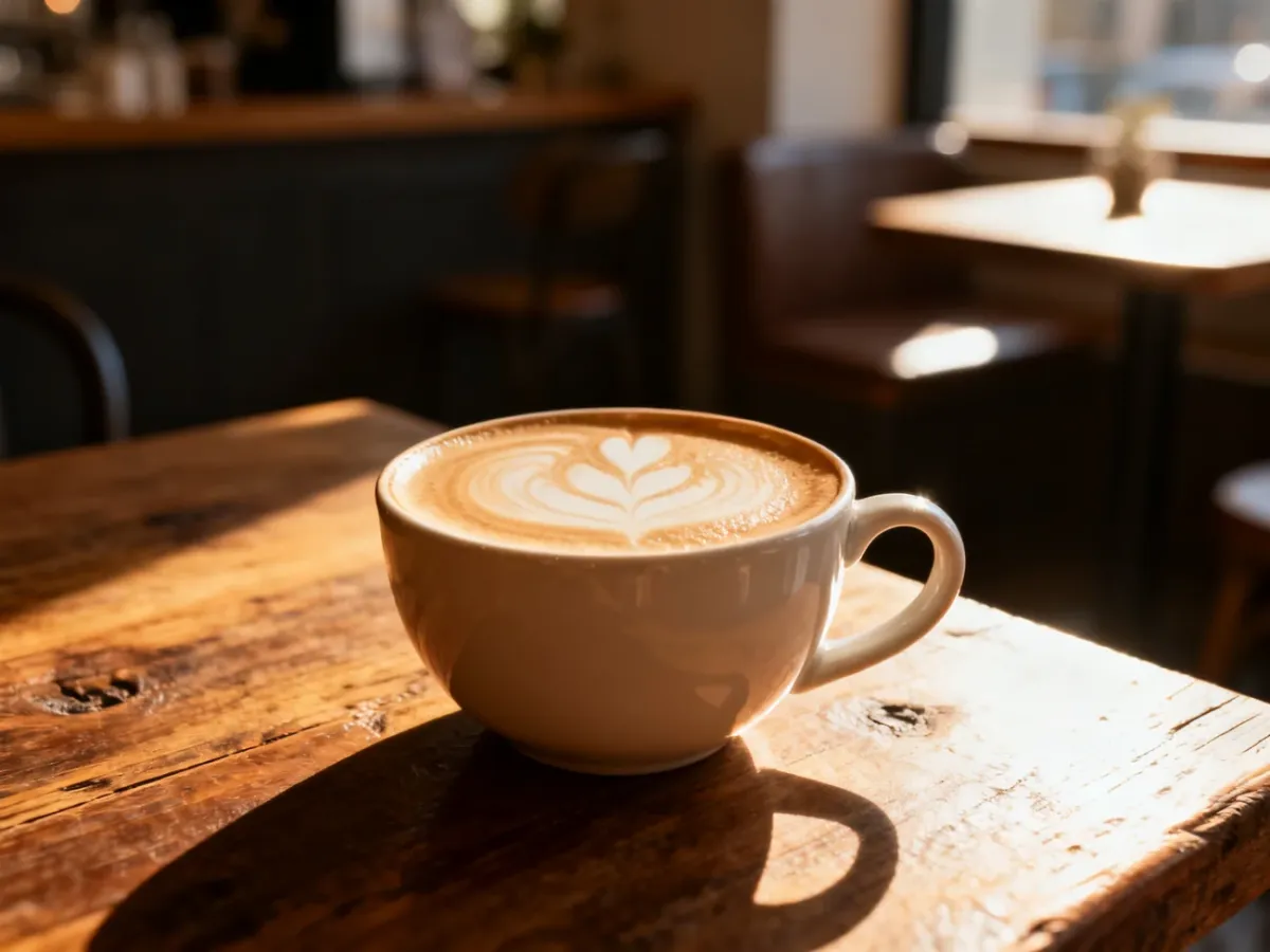 Filiżanka kremowego cappuccino na drewnianym stole, ilustrująca ciepłe, brązowe odcienie kawy pasujące do koloryzacji włosów.